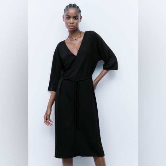 Zara dress with belt 🖤 midi length v neck kimono sleeve straight cut 🖤 black L - Picture 5 of 16